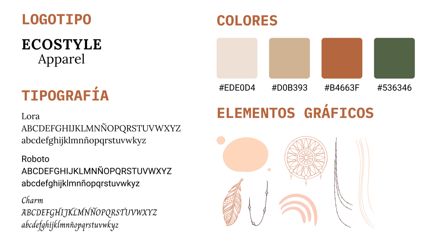 Ficha detallando las tipografías, iconos, botones, ilustraciones, logotipo y paleta cromática