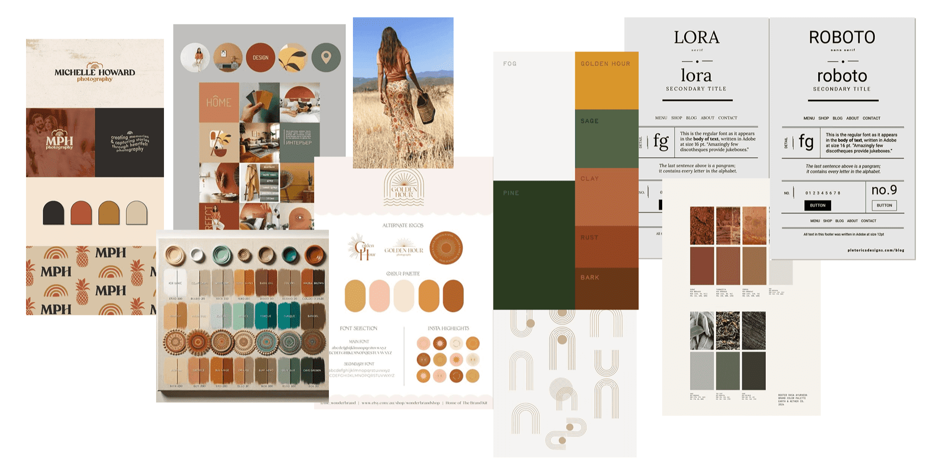 Conjunto de fotos con colores, tipografías y texturas de referecia.
