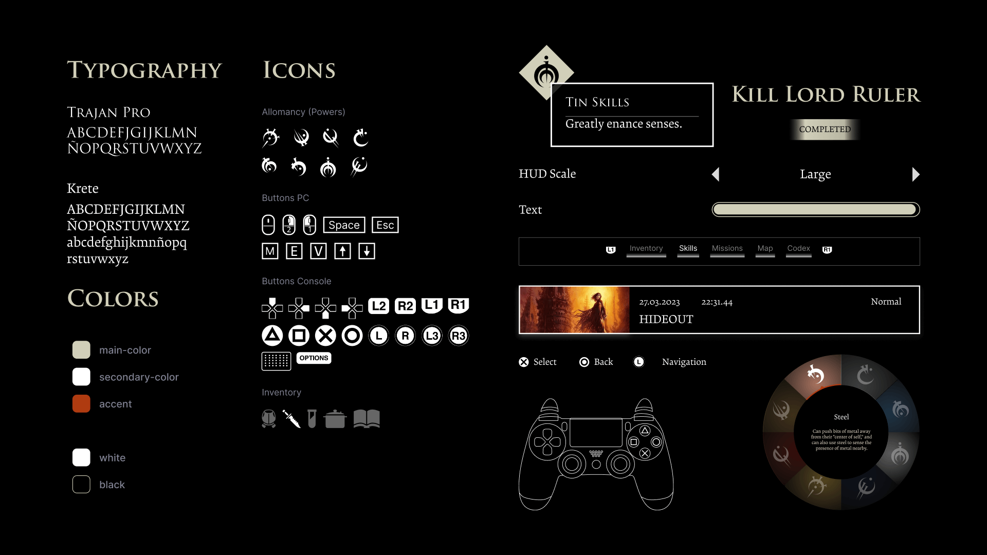 Ficha detallando las tipografías, iconos, botones, ilustraciones, logotipo y paleta cromática