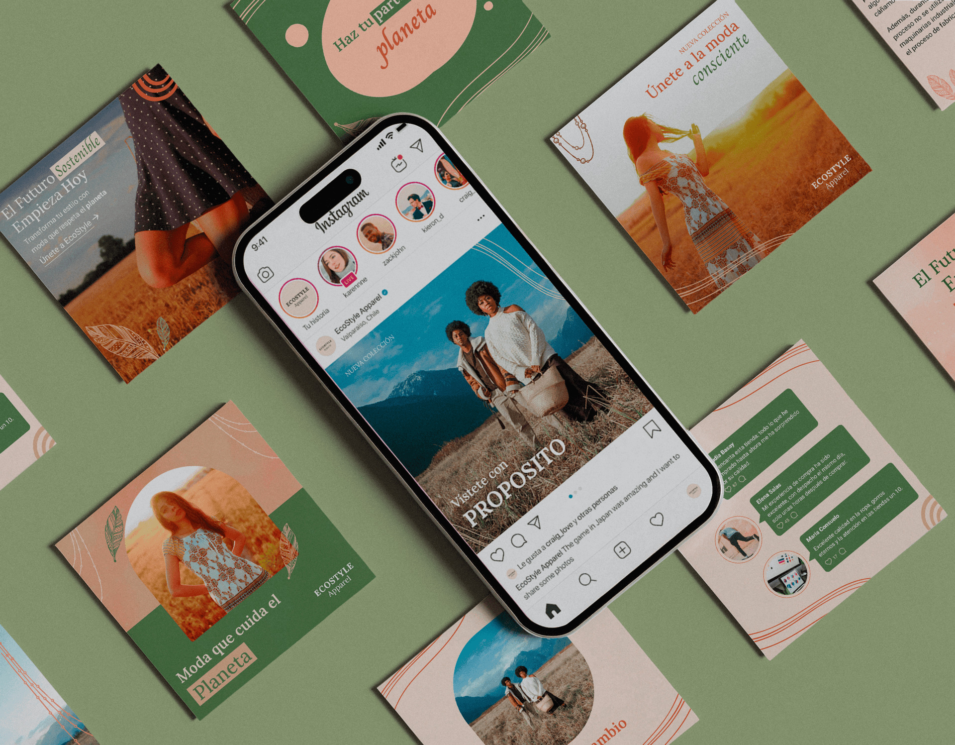 Diseño de publicaciones para redes sociales en la pantalla de un celular, con posts flotando alrededor
