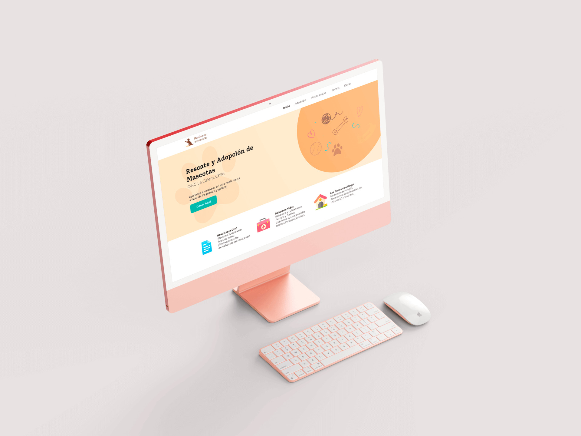 Diseño de sitio web mostrado en la pantalla de un computador con fondo rosado