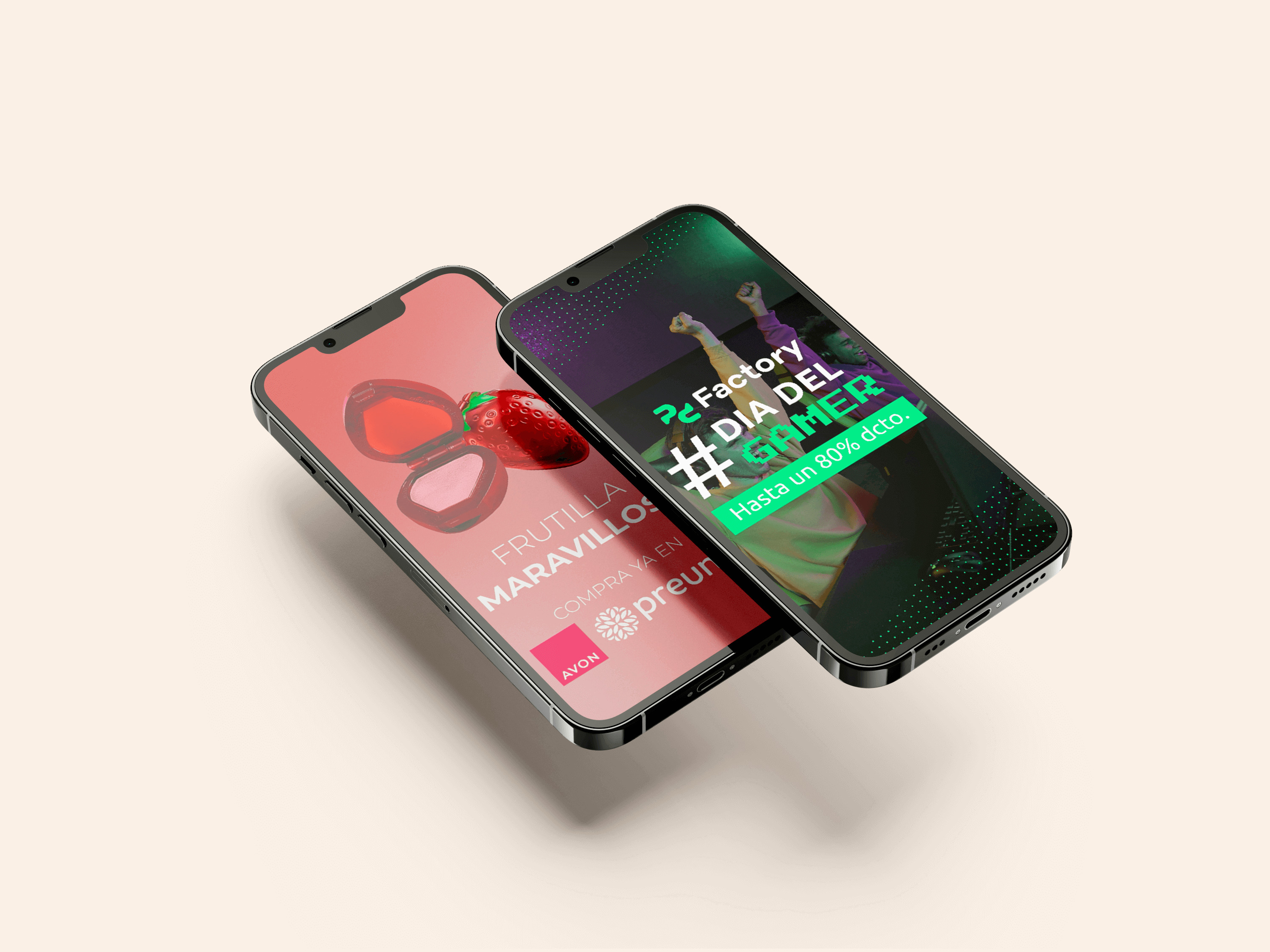 Diseño de 2 reels de redes sociales en celulares flotando uno sobre otro