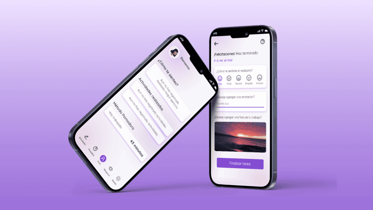 Diseño de aplicación mostrado en la pantalla de dos celulares con fondo morado