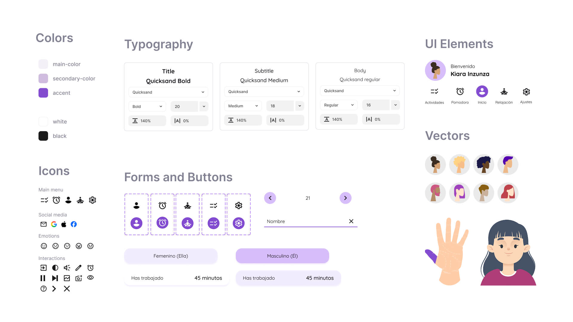 Ficha detallando las tipografías, iconos, botones, ilustraciones, logotipo y paleta cromática